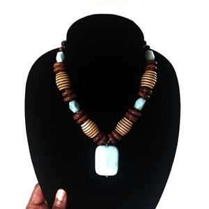 Baby blue turquoise african stone wood necklace